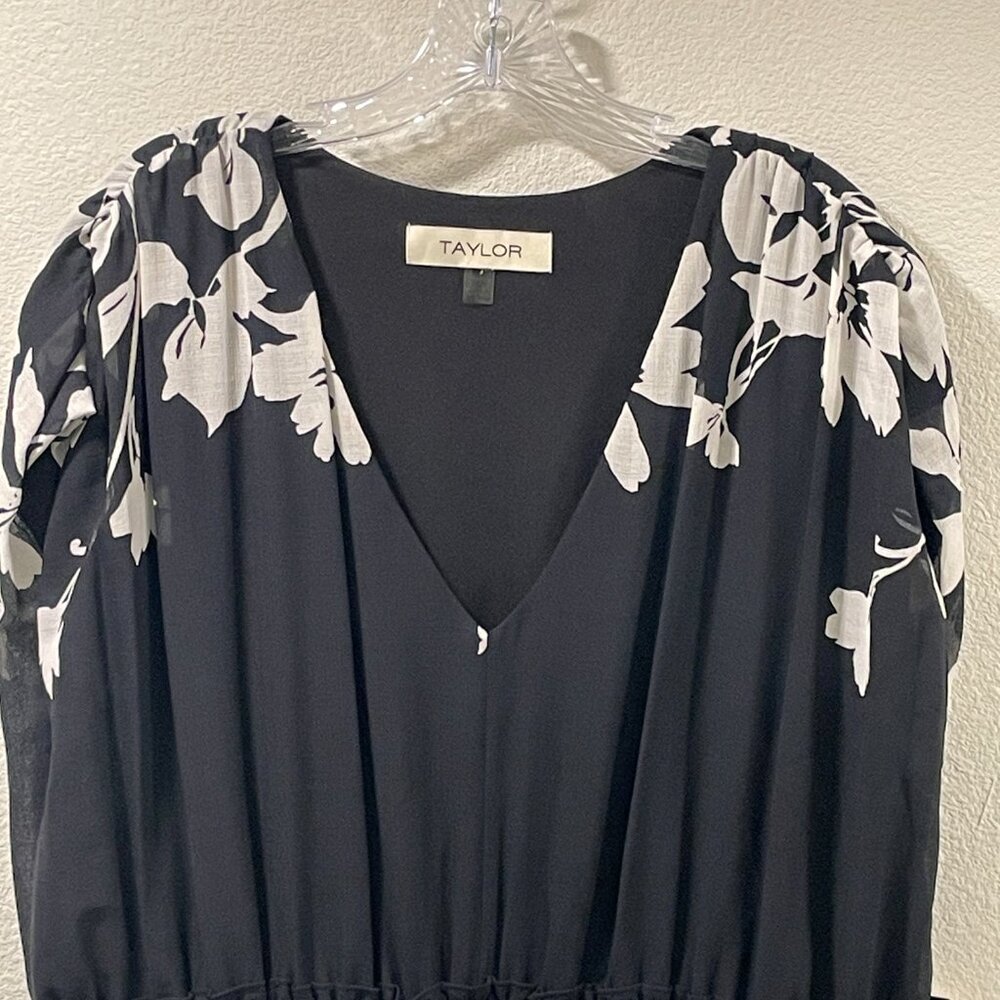 TAYLOR Sheer Lined Short Sleeve Peplum V-Neck Maxi Dress Floral Blk/Wht 18W NWT - Picture 7 of 12